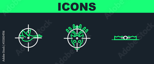 Set line Trap hunting, Hunt on duck with crosshairs and deer icon. Vector