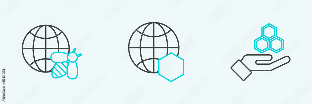 Set line Honeycomb and hand, map of the world bee and icon. Vector Set line Honeycomb and hand, map of the world bee and icon. Vector