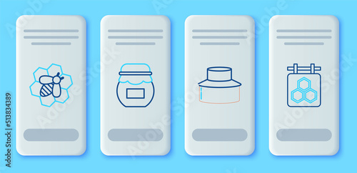 Set line Jar of honey, Beekeeper with protect hat, and honeycomb and Hanging sign icon. Vector