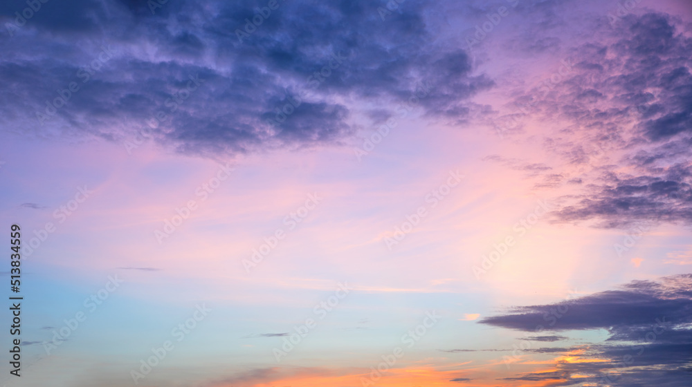 beautiful colorful sky at sunset, pastel colors pink blue and orange, purple clouds
