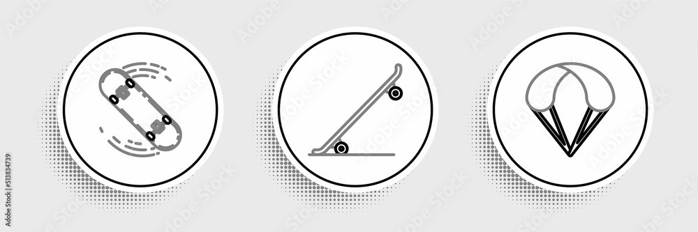 Obraz premium Set line Parachute, Skateboard trick and icon. Vector