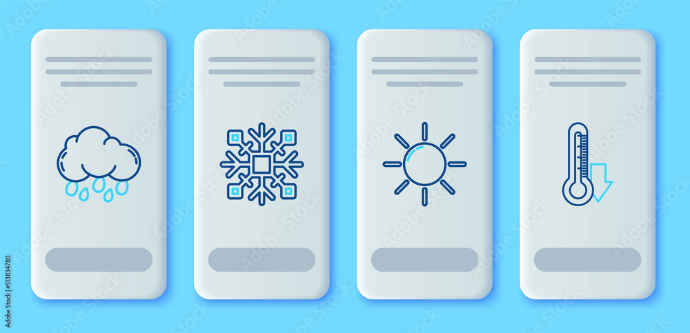 Set line Snowflake, Sun, Cloud with rain and Thermometer icon. Vector