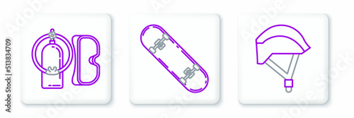 Set line Bicycle helmet, Diving mask and aqualung and Skateboard trick icon. Vector