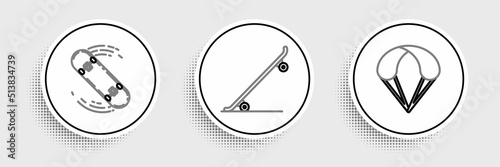 Set line Parachute, Skateboard trick and icon. Vector