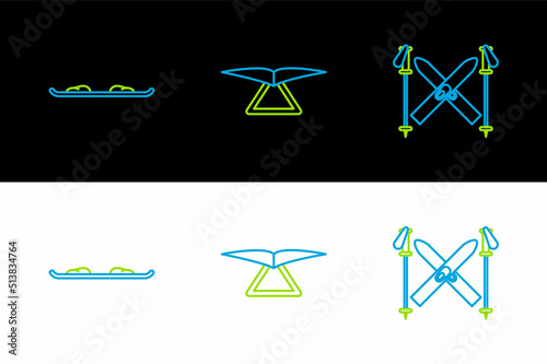 Set line Ski and sticks, Snowboard and Hang glider icon. Vector