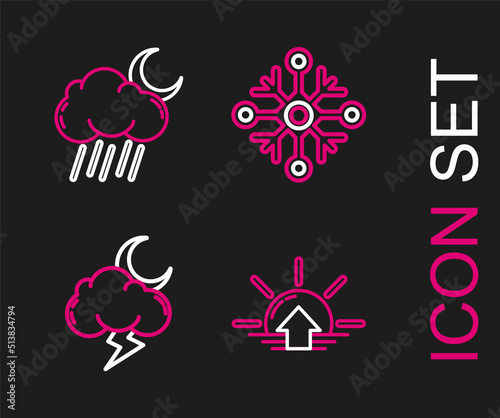 Set line Sunrise  Storm  Snowflake and Cloud with rain and moon icon. Vector