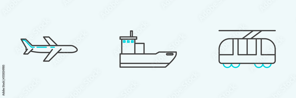 Set line Tram and railway, Plane and Cargo ship icon. Vector Set line Tram and railway, Plane and Cargo ship icon. Vector