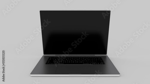 Animation of a stylish modern laptop in an aluminum case on a white background with a blue screen. Digital technologies