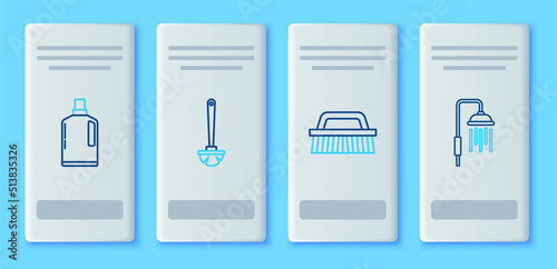 Set line Toilet brush, Brush for cleaning, Plastic bottles liquid dishwashing liquid and Shower head with water drops flowing icon. Vector