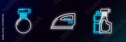 Set line Plastic bottles for liquid dishwashing liquid, and Electric iron icon. Glowing neon. Vector