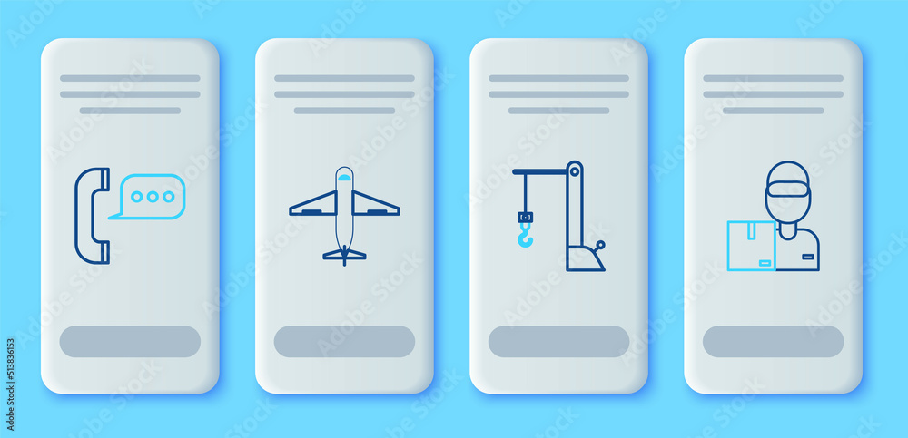 Set line Plane, Harbor port crane, Telephone with speech bubble chat and Delivery man cardboard boxes icon. Vector