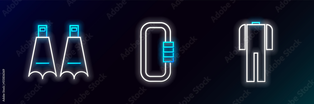 Set line Wetsuit for scuba diving, Rubber flippers swimming and Carabiner icon. Glowing neon. Vector Set line Wetsuit for scuba diving, Rubber flippers swimming and Carabiner icon. Glowing neon. Vector
