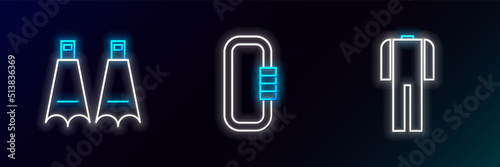 Set line Wetsuit for scuba diving, Rubber flippers swimming and Carabiner icon. Glowing neon. Vector