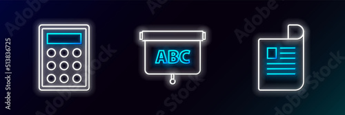 Set line Document, Calculator and Chalkboard icon. Glowing neon. Vector