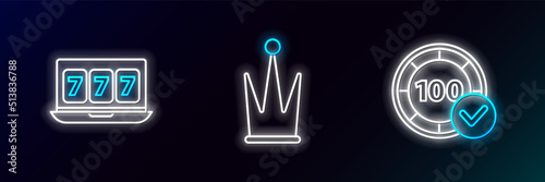 Set line Casino chips, Online slot machine with lucky sevens jackpot and Crown icon. Glowing neon. Vector