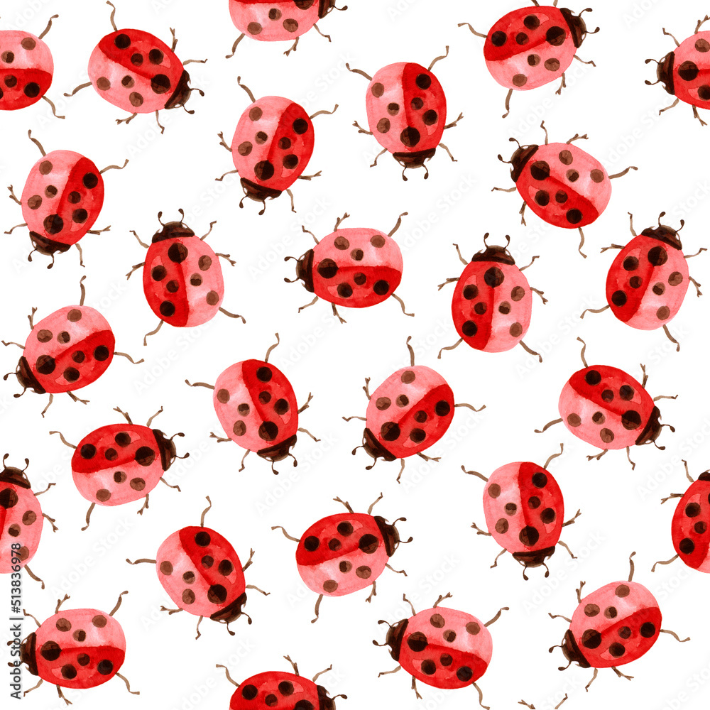 Naklejka premium Watercolor illustration with ladybirds with red color and dots