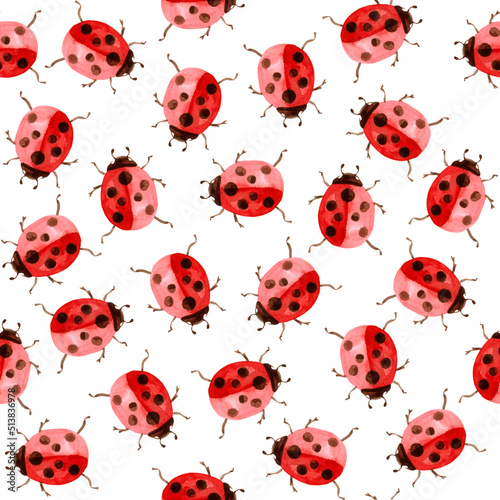 Watercolor illustration with ladybirds with red color and dots