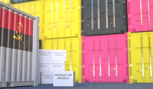 PRODUCT OF ANGOLA text on the cardboard box and cargo terminal full of containers. 3D rendering