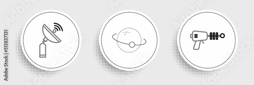 Set line Ray gun, Radar and Planet icon. Vector