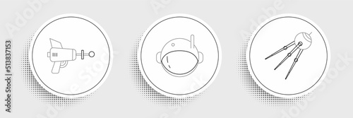 Set line Satellite, Ray gun and Astronaut helmet icon. Vector