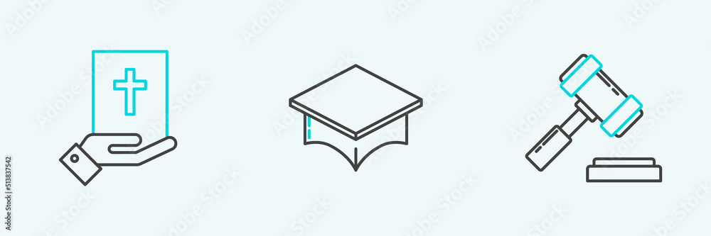 Set line Judge gavel, Oath on the Holy Bible and Graduation cap icon. Vector Set line Judge gavel, Oath on the Holy Bible and Graduation cap icon. Vector