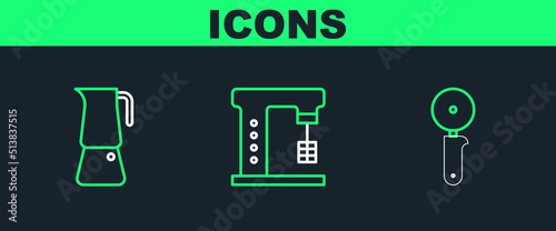 Set line Pizza knife, Moka pot and Electric mixer icon. Vector