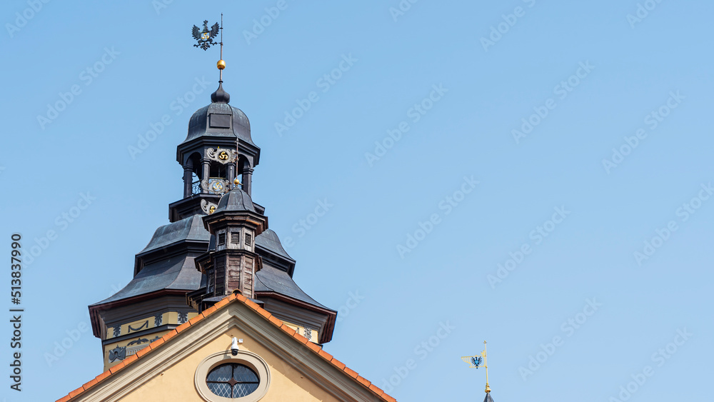 Spire of the castle tower of Nesvizh Castle, Belarus. Medieval castle and palace. Heritage concepts.