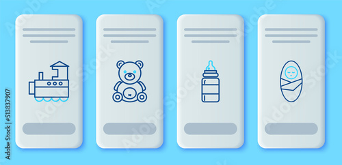 Set line Teddy bear plush toy, Baby bottle, Toy train and Newborn baby infant swaddled icon. Vector