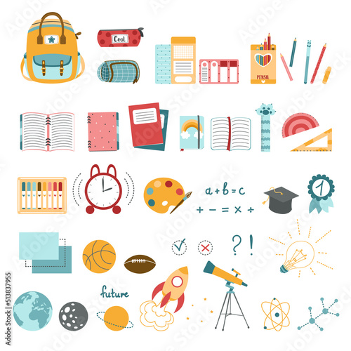 Set of school tools, set of education icons, back to school, stationery for schoolboy, school backpack, student, student notebooks, colored pencils, school, ballpoint pen