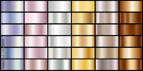 Set of pink, neon, bronze, silver, and gold texture backgrounds. Gold, copper, brass, and metal gradient vector template. Vector graphics of glowing rainbow patterns. Collection of holograms with meta