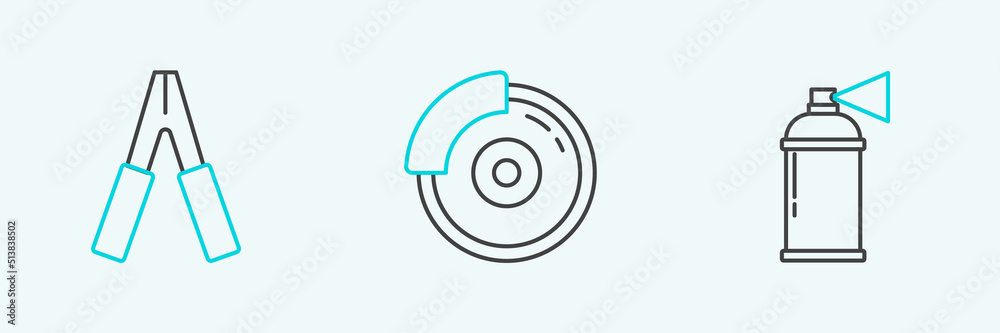 Set line Paint spray can, Car battery jumper power cable and brake disk with caliper icon. Vector Set line Paint spray can, Car battery jumper power cable and brake disk with caliper icon. Vector