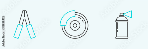 Set line Paint spray can, Car battery jumper power cable and brake disk with caliper icon. Vector