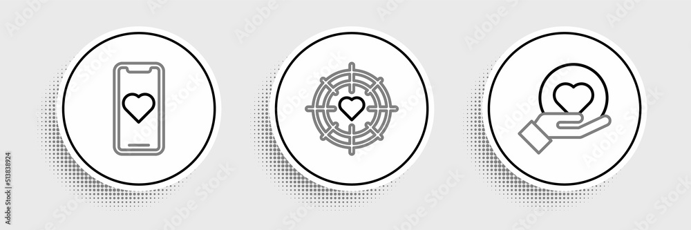 Set line Heart on hand, Mobile phone with heart and in the center of darts target aim icon. Vector Set line Heart on hand, Mobile phone with heart and in the center of darts target aim icon. Vector