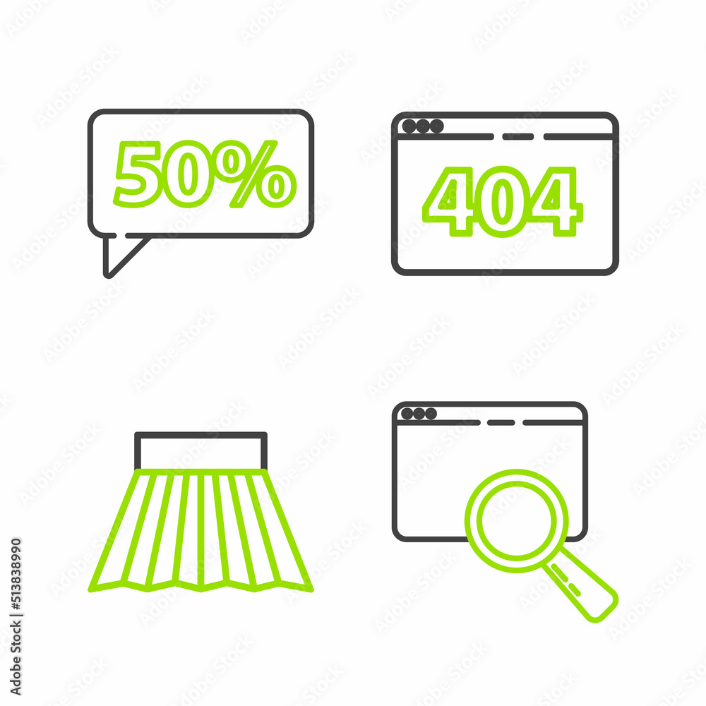 Set line Search in a browser window, Skirt, Page with 404 error and Fifty discount percent tag icon. Vector Set line Search in a browser window, Skirt, Page with 404 error and Fifty discount percent tag icon. Vector