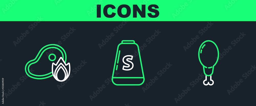 Set line Chicken leg, Grilled steak meat and fire flame and Salt icon. Vector Set line Chicken leg, Grilled steak meat and fire flame and Salt icon. Vector