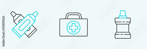Set line Mouthwash plastic bottle, Crossed tube of toothpaste and First aid kit icon. Vector