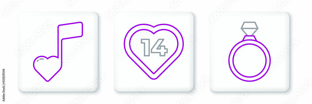 Set line Diamond engagement ring, Music note, tone with hearts and Heart icon. Vector