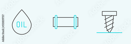 Set line Rotating drill digging a hole, Oil drop and Industry pipe icon. Vector