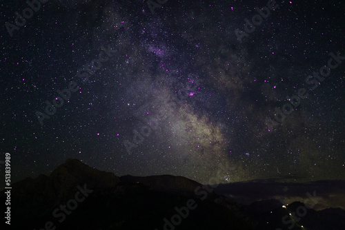 nightscape, night full of stars, view at the mountain Hoher Goell, Berchtesgaden, Bavaria, Germany, and the Milkyway behind in the night sky