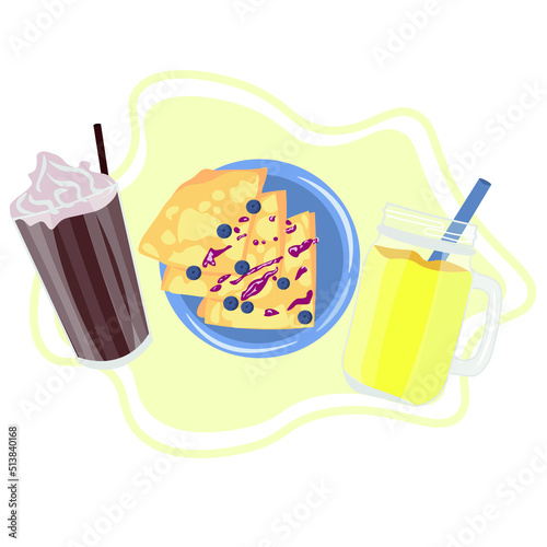 Tasty thin pancakes with berry jam, orange juice and cold coffee on white background