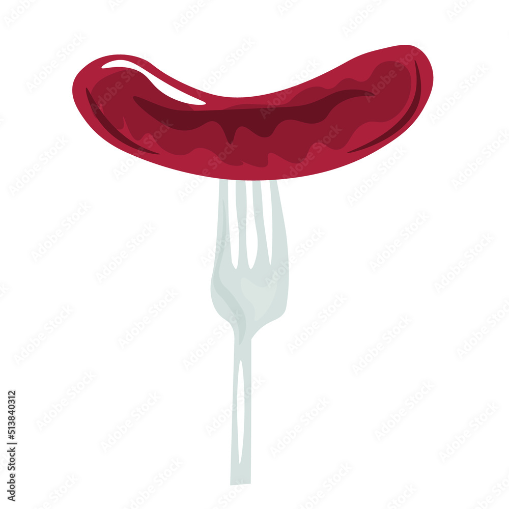 Fork with tasty sausage on white background Fork with tasty sausage on white background