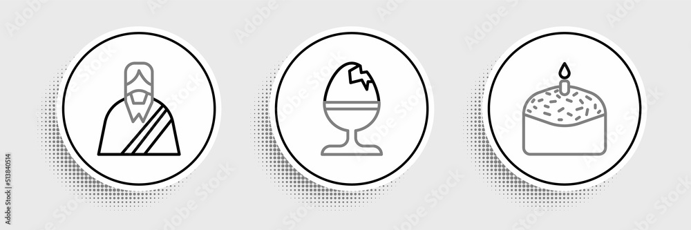 Set line Easter cake and candle, Jesus Christ and Chicken egg on stand icon. Vector Set line Easter cake and candle, Jesus Christ and Chicken egg on stand icon. Vector