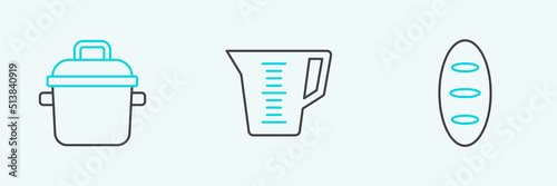 Set line Bread loaf, Cooking pot and Measuring cup icon. Vector