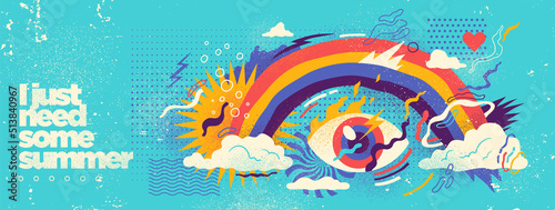 Abstract summer background design in grungy style with rainbow and various colorful shapes. Vector illustration.