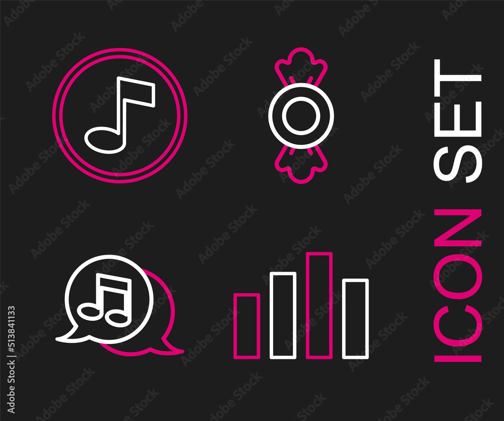 Set line Music equalizer, Musical note in speech bubble, Candy and note, tone icon. Vector Set line Music equalizer, Musical note in speech bubble, Candy and note, tone icon. Vector