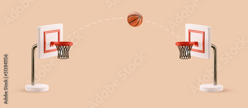 3d vector cartoon basketball field design elements. Basketball hoops with flying ball on orange background web banner.