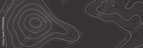 The stylized height of the topographic map contour in lines and slim contours. White on black. Concept of a conditional geography scheme and the terrain path, earth. Vector illustration.