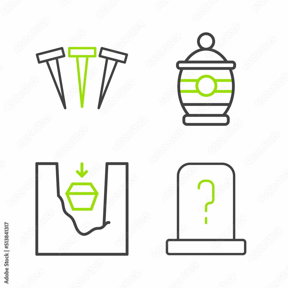Set line Grave with tombstone, Coffin in grave, Funeral urn and Metallic nails icon. Vector Set line Grave with tombstone, Coffin in grave, Funeral urn and Metallic nails icon. Vector