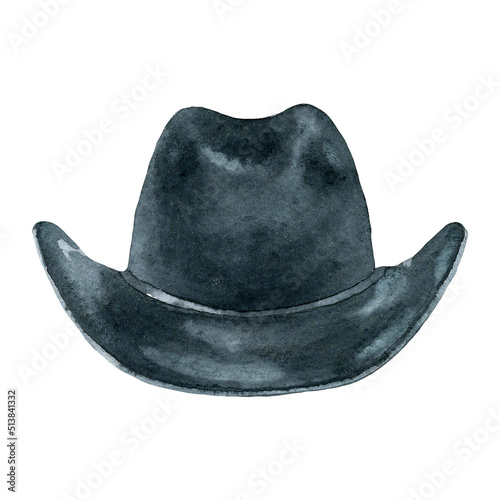 Hand-painted Watercolor cowbiy western hat illustration. Watercolor classic leather hat isolated on white background. Hipster clothes, accessories, cute drawing clipart elements cutout. 
