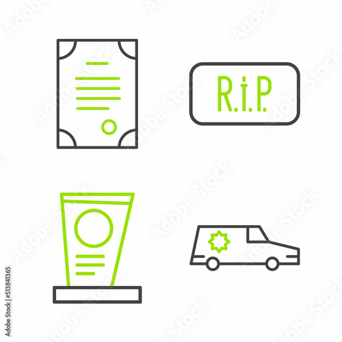 Set line Hearse car, Grave with tombstone, Speech bubble rip death and Death certificate icon. Vector